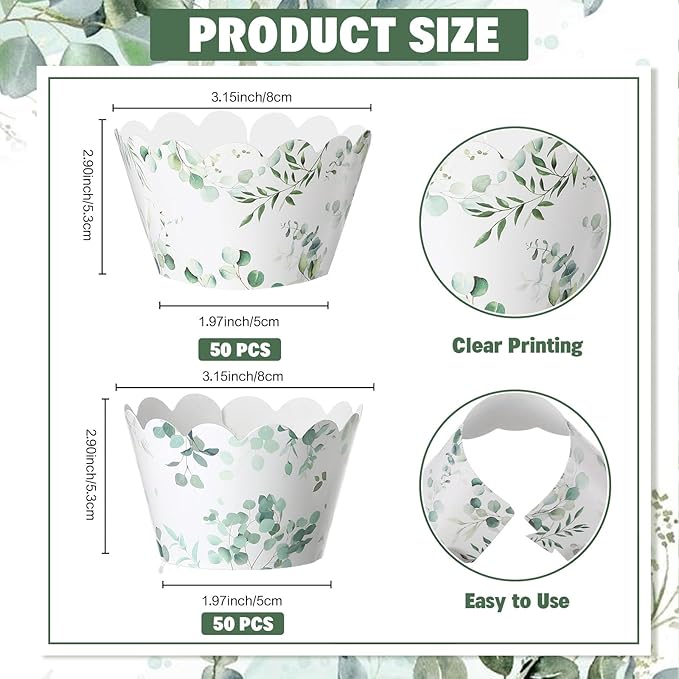 Baking Cups, 100 Count Green Eucalyptus Leaf Cupcake Wrappers