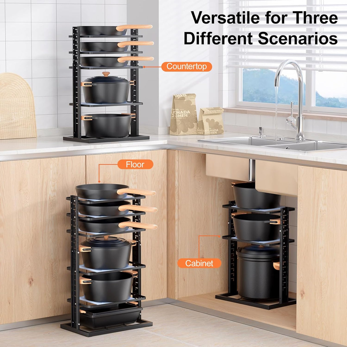 Pots and Pans Organizer for under Cabinet, 6-Tier Heavy Duty Pan Pot Organizers – size reference