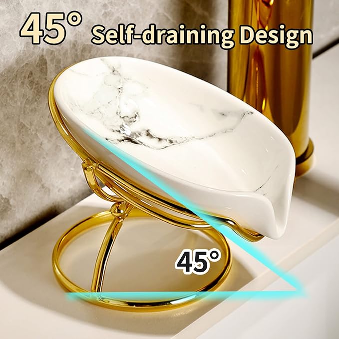 Soap Dish with Drain, Ceramic and Stainless Steel, White Leaf Design