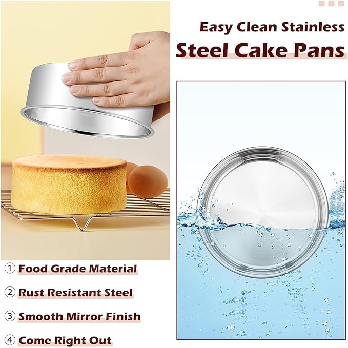 LIANYU 6 Inch Cake Pans Set of 6, Round Layer Cake Tins for Baking, Stainless Steel Round Baking Pan, Bakeware for Oven & Dishwasher, Non Toxic & Heavy Duty
