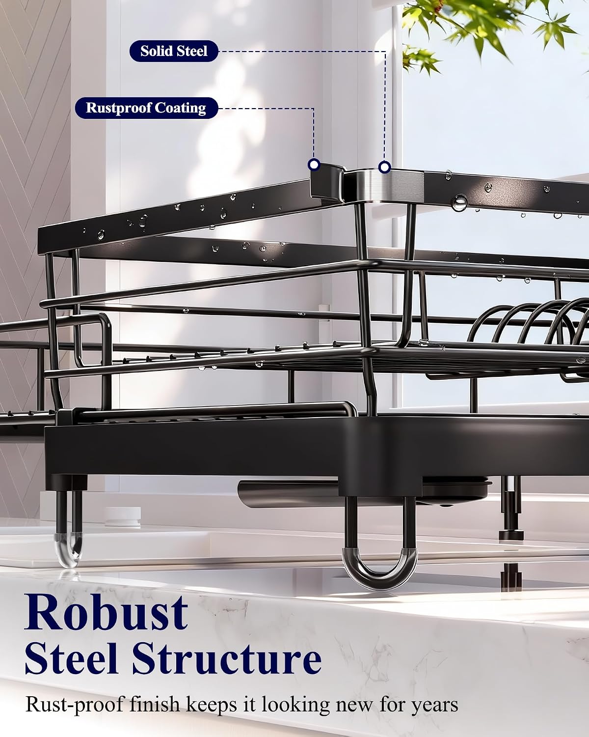 Adjustable Dish Drying Rack, 15.6''-25.2''L × 16.9''W, Black – features