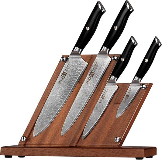 Klaus Meyer 5 Piece Damascus Knife Block Set, 67-Layer High Carbon Damascus Steel, Ultra-Sharp Kitchen Knife Set with Magnetic Wooden Block