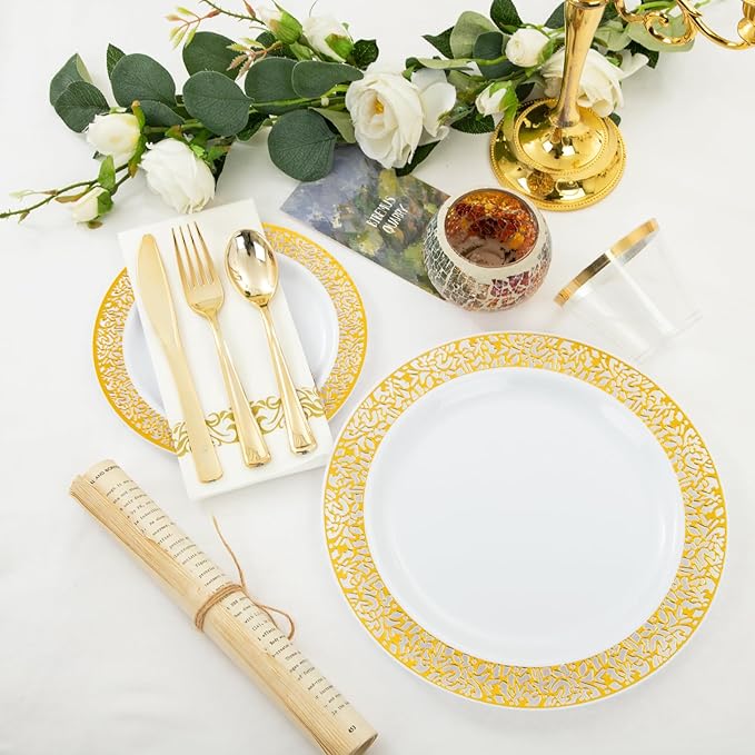 Plates: Gold Plastic Disposable Set for 50 Guests, Dinner and Dessert Sizes