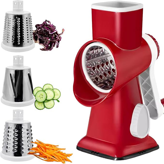 Chef Power 5 in 1 Rotatory Cheese Grater - Premium Quality Hand Cheese Grater With Handle - Food Chopper for Kitchen – (Red & White)