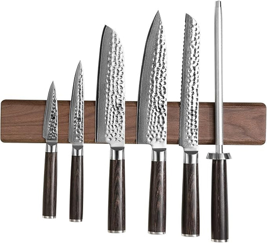XINZUO Walnut Wood Knife Magnetic Strips 16 Inch, Double Row Round Magnets Magnetic Knife Holder for Wall -Magnetic Knife Bar- Works With Kinds of Kitchen Tools -Space Saver Knife Rack