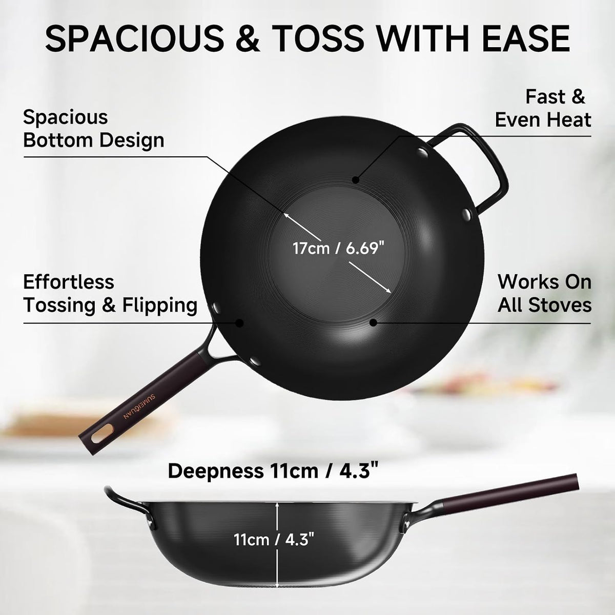 13.5" Pre-Seasoned Flat Bottom Carbon Steel Wok with Lid Spatula – detail