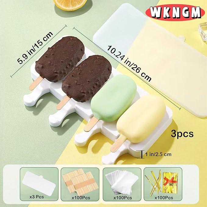 3pcs Large Silicone Popsicle Molds with Lids,4 Cavities Cake Pop Molds,Oval Ice Cream Bar Mold Ice Pop Cakesicle Molds Silicone with 100 Wooden Sticks & 100 Bags &100 Twist Ties(Purple)