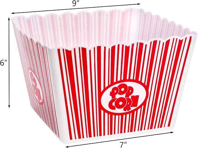 Snack Bowls - Reusable Red and White Plastic Popcorn Containers, 6 Pack