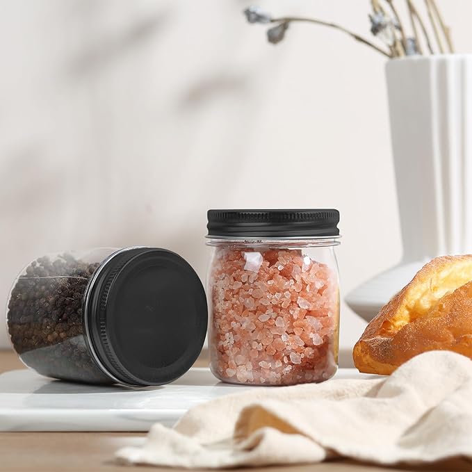 Food Jars 8 oz Clear PET Plastic Canisters, 48 Pack with Metal Lids