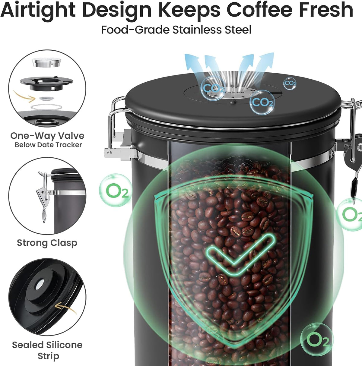 Coffee Canister with Window, 39OZ Large Airtight Stainless Steel Jars – size reference