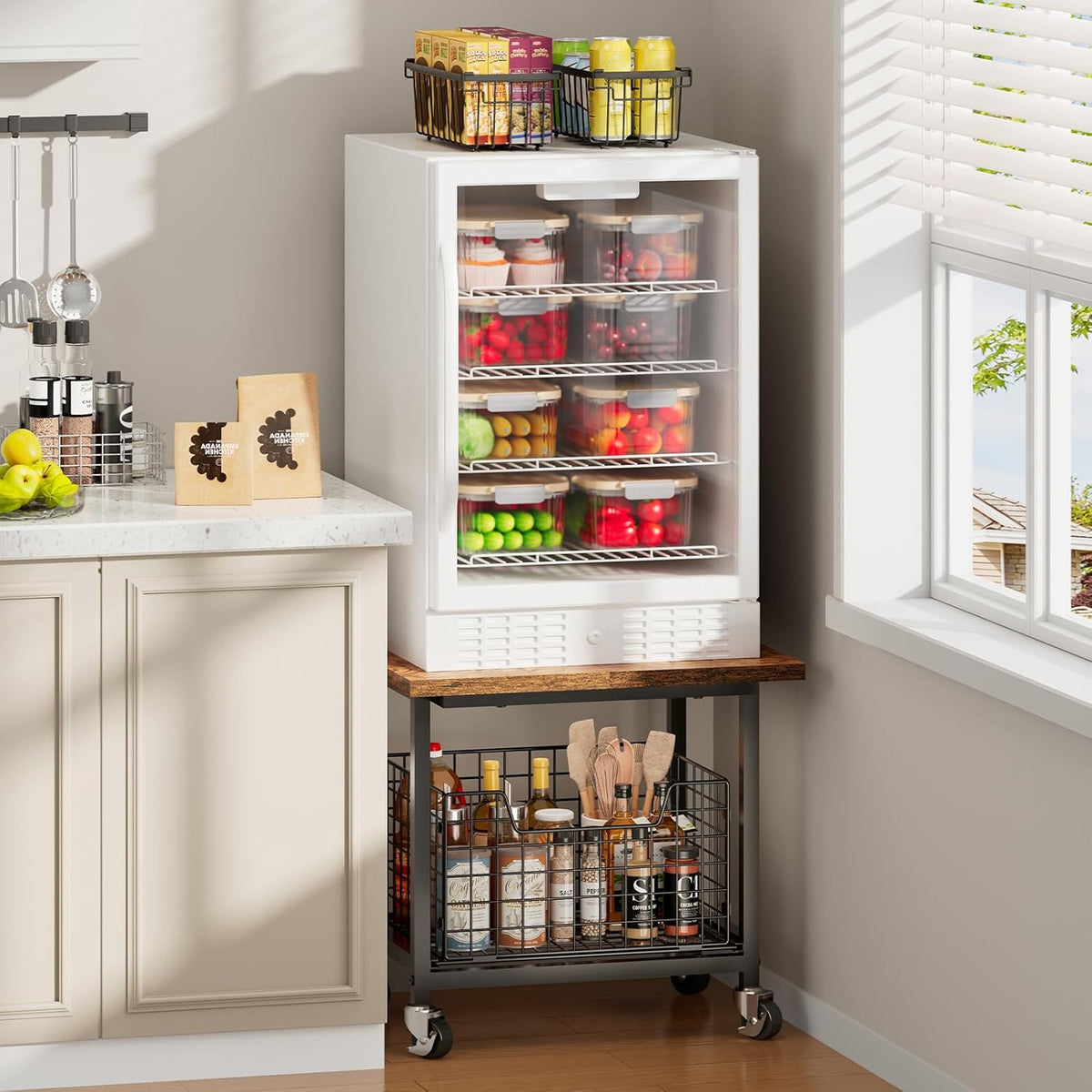 Mini Fridge Stand with Storage, Small Refrigerator Stand with Wheels, Rolling – size reference