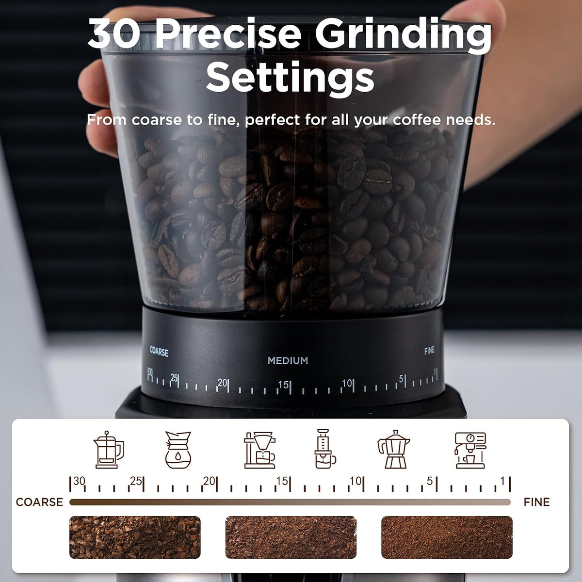 Burr Coffee Grinder, Electric Conical Coffee Bean Grinder With 30 Adjustable – features