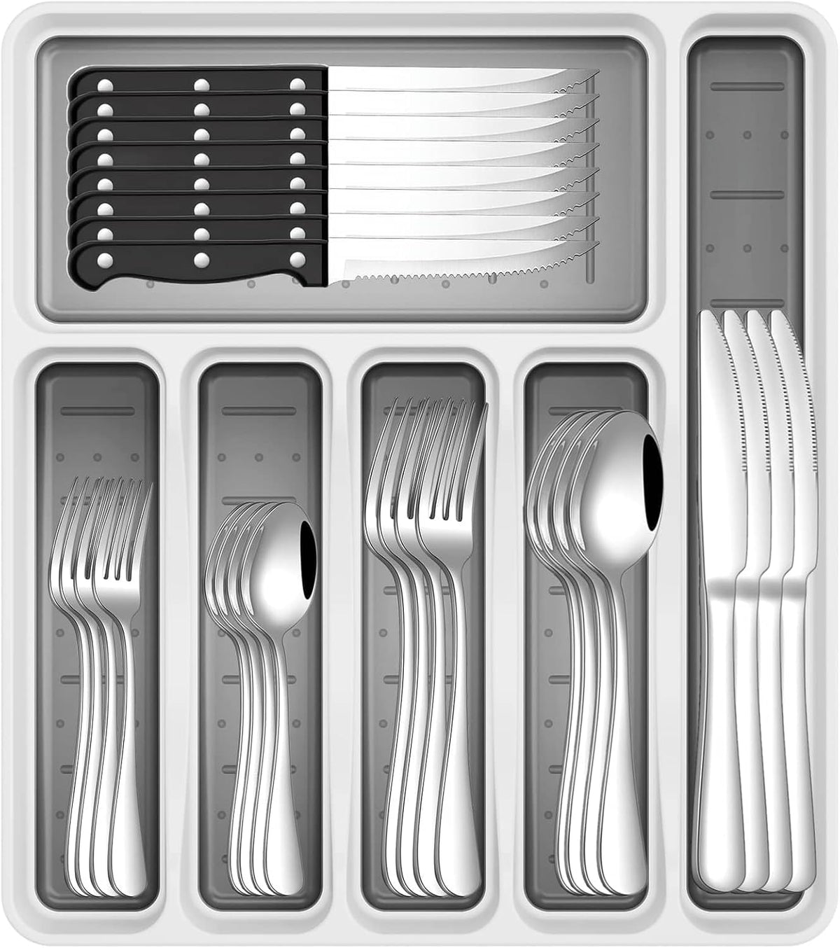 49-Piece Silverware Set with Organizer, Stainless Steel Flatware Utensils Set