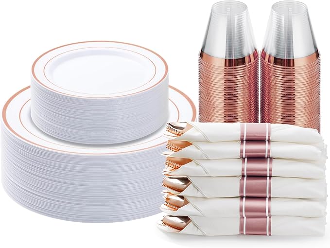 Plates Set, White with Rose Gold Rim, 10.25-Inch Dinner and 7.5-Inch Salad