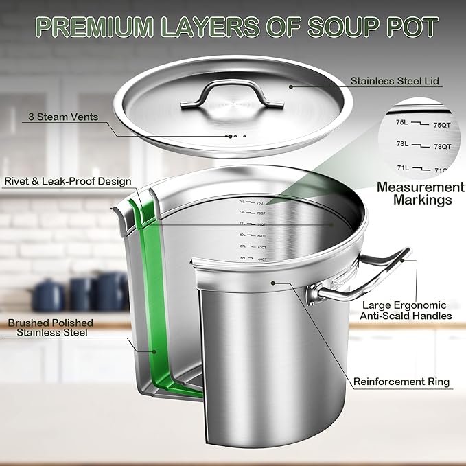 Large Stock Pot -75QT Stainless Steel Stockpot with Lid, Heavy Duty Tri-Ply Bottom Commercial Grade Stock Pot & Stockpots for Boiling Cooking Soup Stew Canning Cookware Sauce Cooking Pots