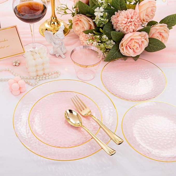 Plates for Parties: Round Pink Plastic Set with Gold Rim