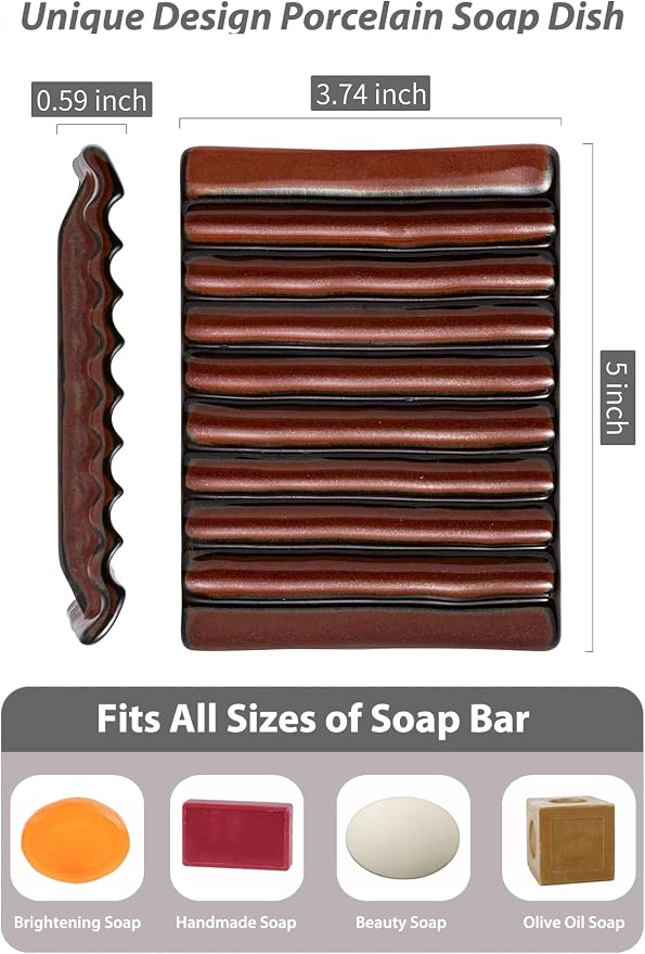 Ceramic Soap Dish, Red Bar Soap Holder with Grooved Surface and Self-Drain