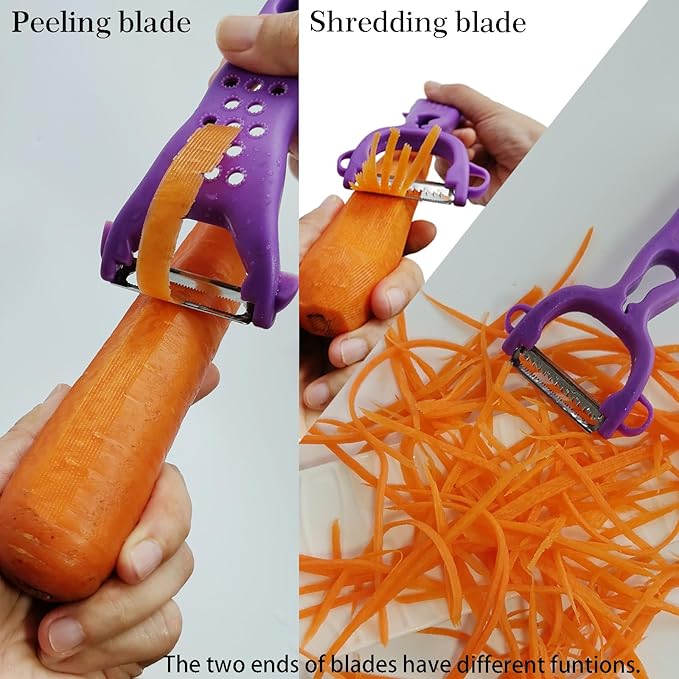 Multi Fruit Vegetable Peeler & Grater, Double Serrated Stainless Steel Blade（Peeler and Grater Function), Sharp Blade for Cucumbers,Carrot, Apples, Potato Eye Remover. Grinding of Garlic and Ginger