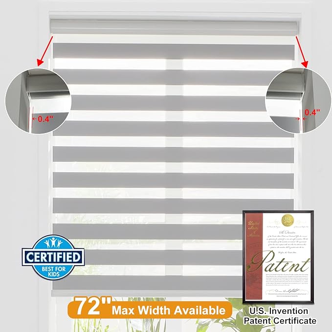 Persilux Cordless Zebra Blinds for Windows Free-Stop Roller Windows Shades (36" W X 64" H, Grey) Dual Layer Light Control for Day and Night, Light Filtering Sheer Shades for Home, Easy to Install