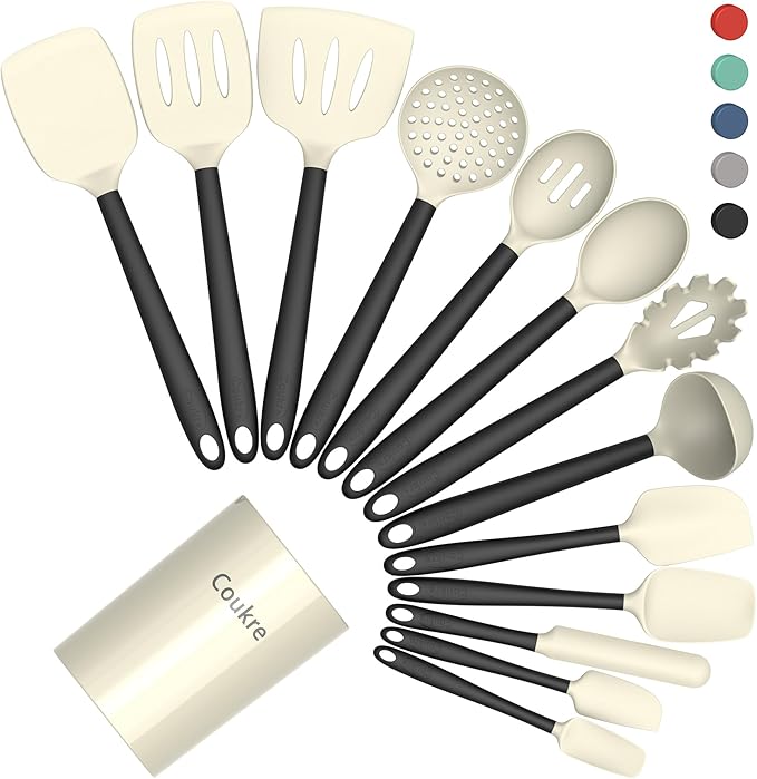 Silicone Kitchen Cooking Utensils Set with Holder – 14, Beige
