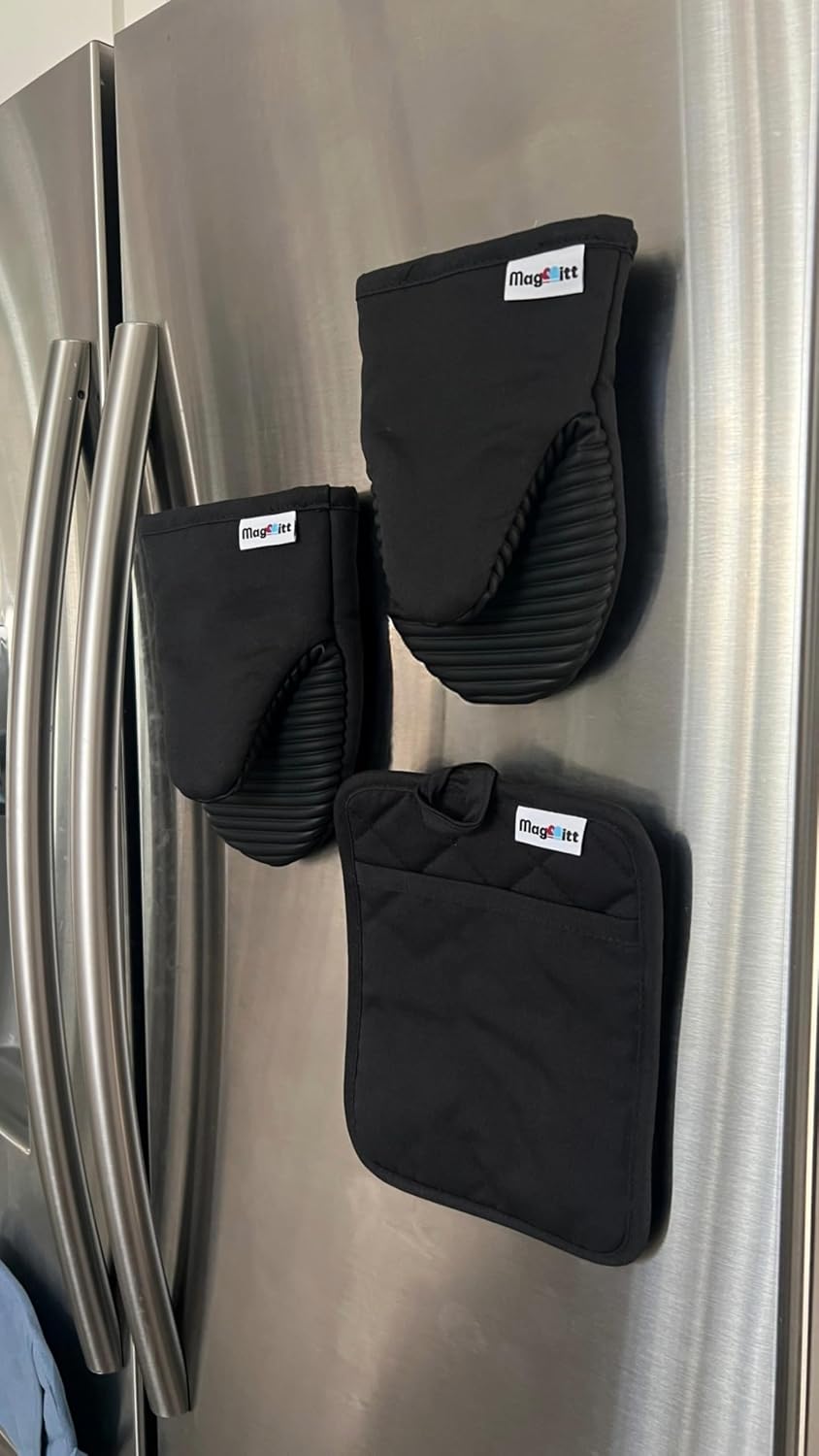 Magnetic Oven Mitts & Pot Holder 3 Pc Set, High Heat Silicone Black – detail