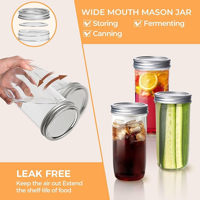 Mason Jars 24 oz Wide Mouth Glass Set of 6 with Lids and Bands