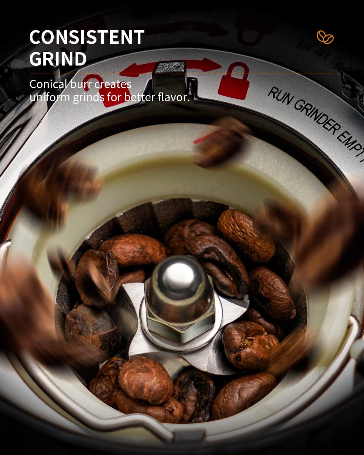 Conical Burr Coffee Bean Grinder, Anti-Static, 48 Settings, Silver – close-up