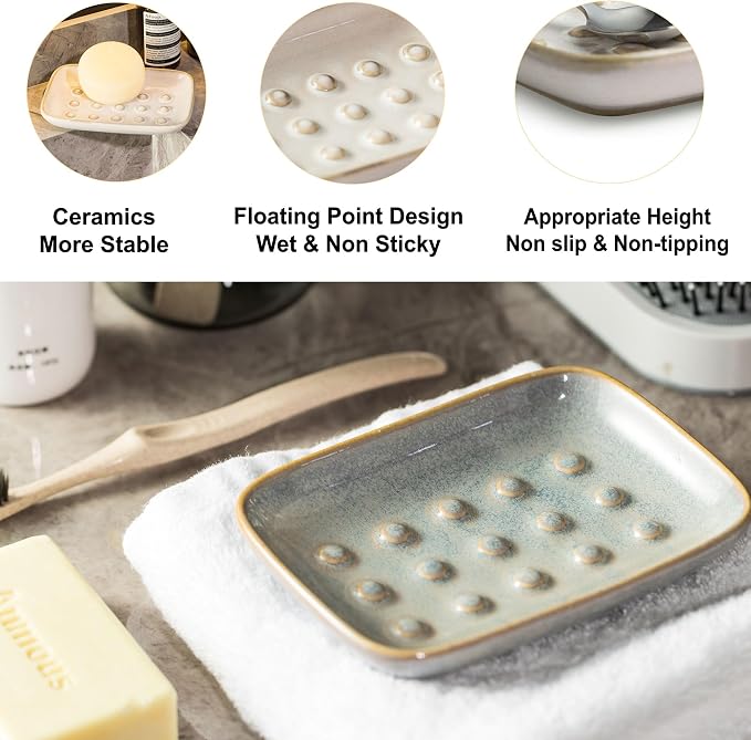 Soap Dish, Grey Ceramic Non-Slip Shower Bar Holder