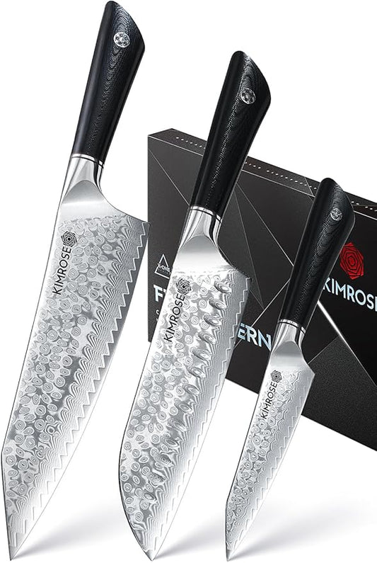 KIMROSE Damascus Knife Set - 3PCS - High-Carbon 10Cr15CoMoV Alloy Steel - Professional Chef Knife - G10 Handle - Razor Sharp Kitchen Knives - Magnetic Sheath - Gift Box