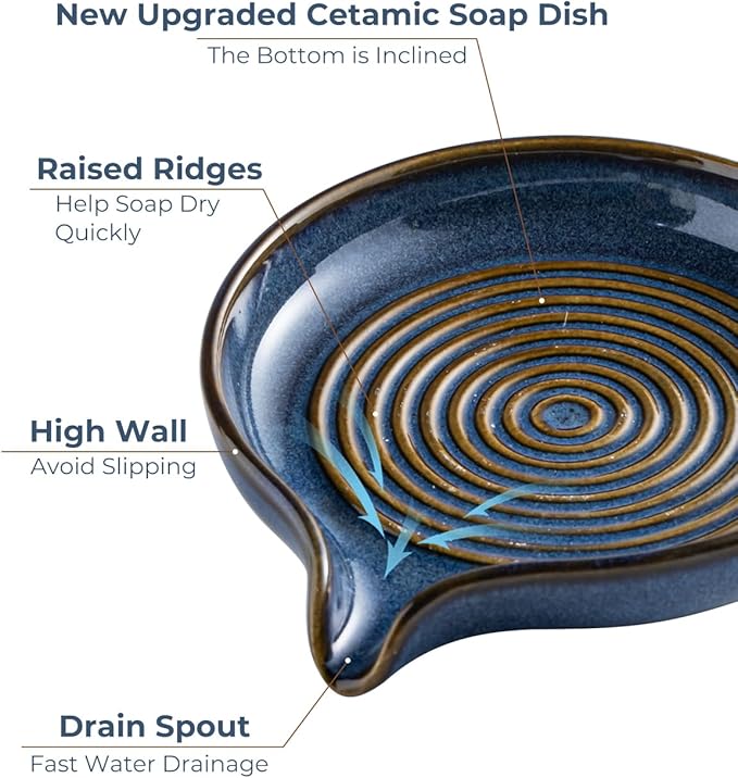 Ceramic Soap Dish, Blue Self-Draining Bar Soap Holder with Spiral Design