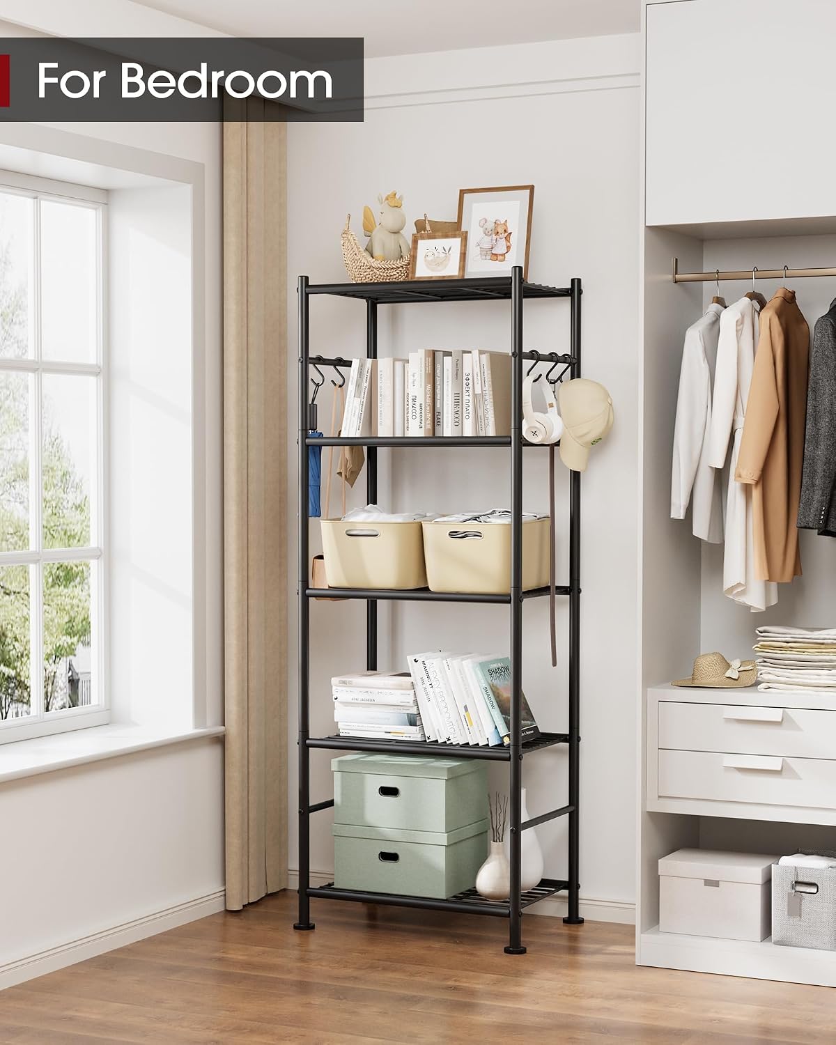 5-Tier Storage Shelves with Hooks, 18.1" x 12.4" x 56.8", Black – detail