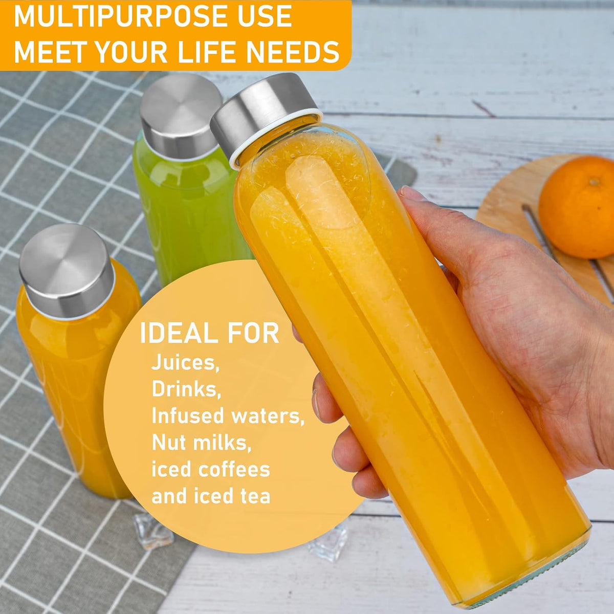 24 oz Glass Water Bottles with Lids, Juice Bottles, 10-Pack – detail