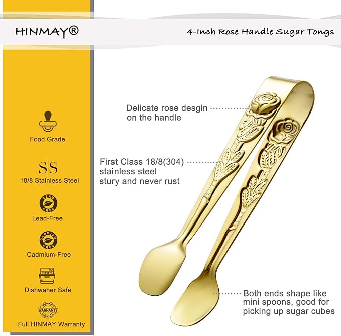 6PCS Mini Serving Tongs 4 Inches Small Rose Sugar Cube Tongs (Gold)