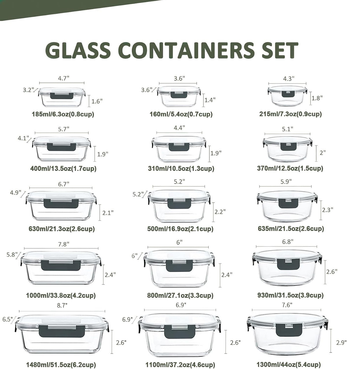 30 Pieces Glass Food Storage Containers Set with Lids, Gray – detail