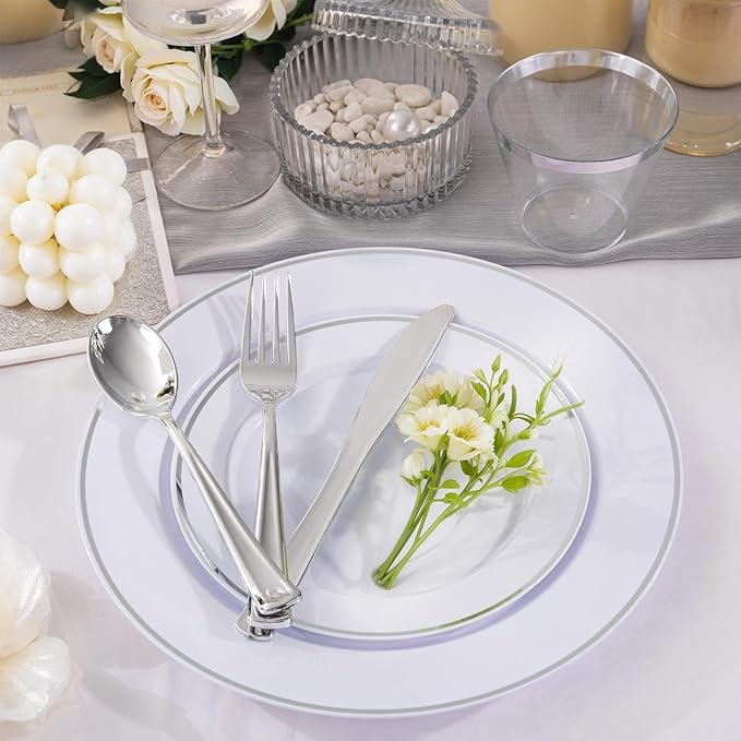 Plastic Plates Set, 175 Pieces, Silver Rim, Serves 25 Guests