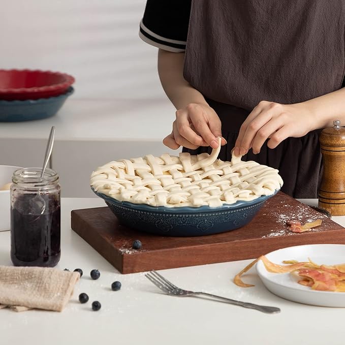 Fun Elements Pie Pan, 9 Inch Ceramic Pie Dish, Deep Dish Pie Pan with Lace Emboss, Ruffled Pie Plate for Baking, Thanksgiving Christmas Gifts, Set of 2, Blue