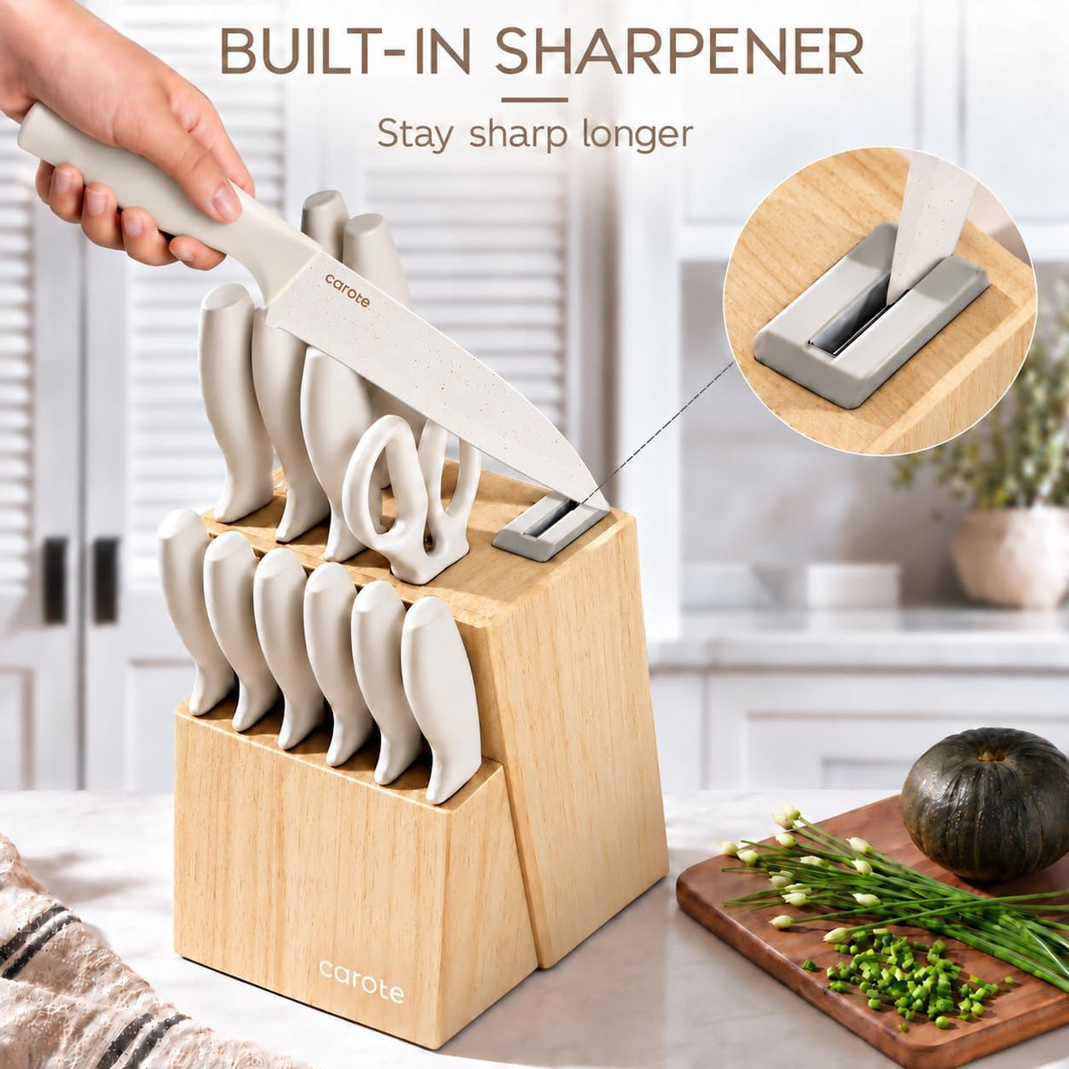 15-Piece Knife Set, Wood Block with Built-In Sharpener, Cream – set view