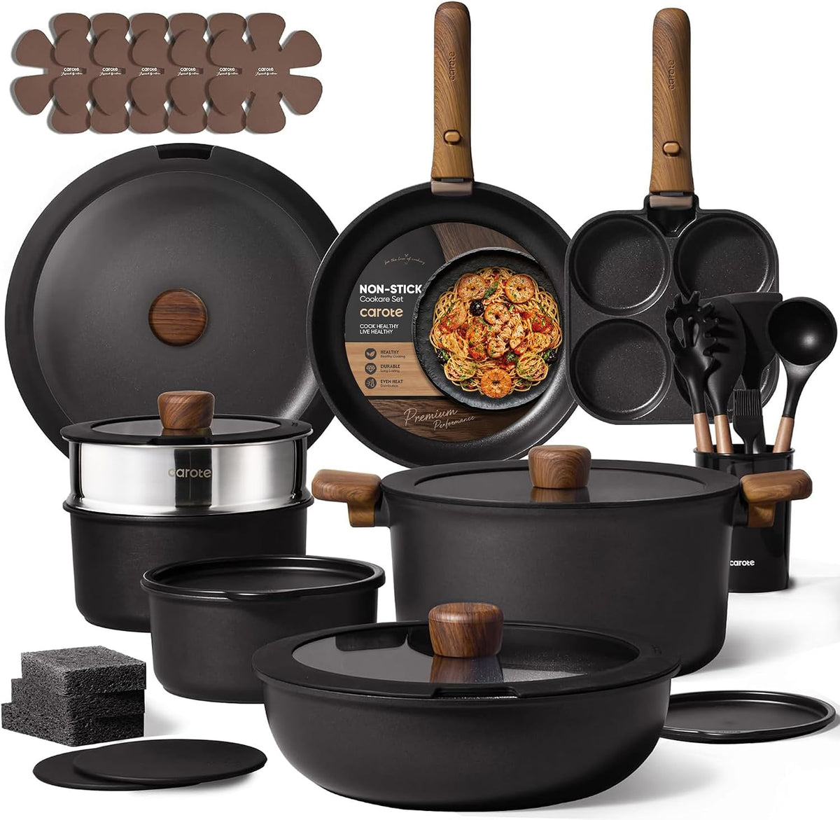 33pcs Pots and Pans Set Non Stick, Detachable Handle Cookware, Black