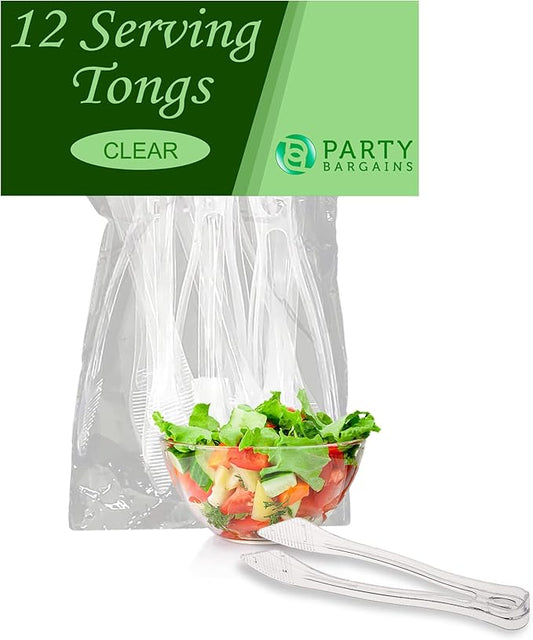 PARTY BARGAINS 8.5 Inches Plastic Serving Tongs, 12 Pack, Premium Quality & Heavy-Duty Clear Plastic Tongs for BBQ, Salads, Grilling, Buffets, Kitchen