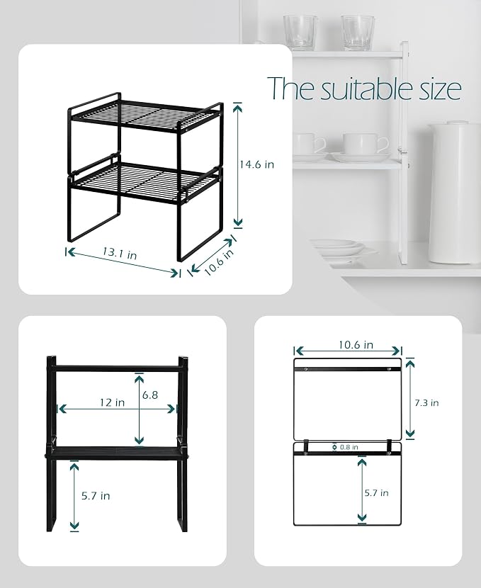 Stackable Kitchen Cabinet Shelf Organizer, 2-Pack, Black, Rust Resistant
