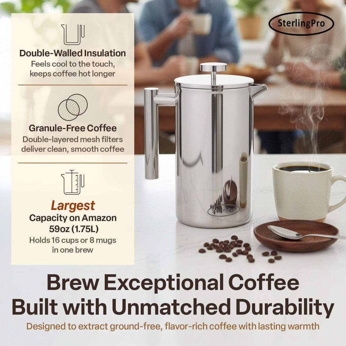 64oz Extra Large Non-Toxic Insulated Stainless Steel French Press Coffee Maker – detail