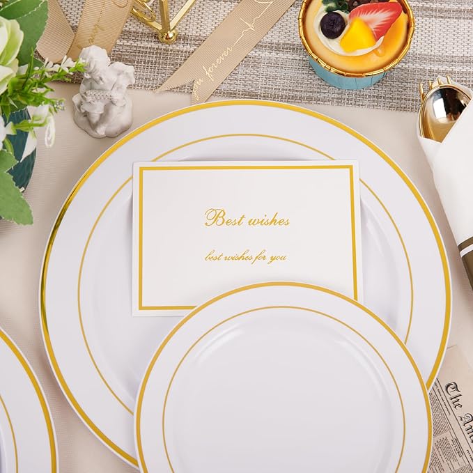 Plates Set, White and Gold Disposable Dinnerware for 50 Guests