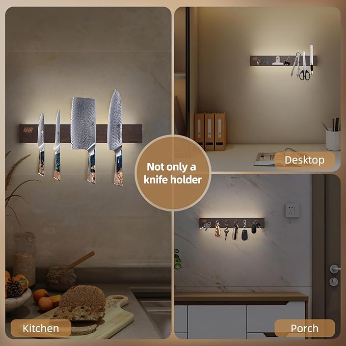 FINDKING 18 Inches Lighted Magnetic Knife Strip, Backlit LED Utensil Holder for Wall and Refrigerator, Magnet Knife Rack for Home Kitchen, No Drill (Ash Wood, Dark Brown)
