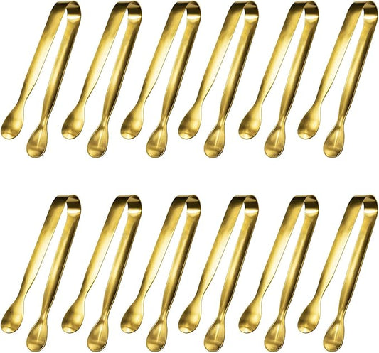 JCREN 12 Pcs Serving Tongs, Small Serving Utensils for Parties Catering Gold Tongs, Food-Grade 304 Stainless Steel Mini Appetizer Tongs for Tea Party Coffee Bar, 4 Inches - Gold