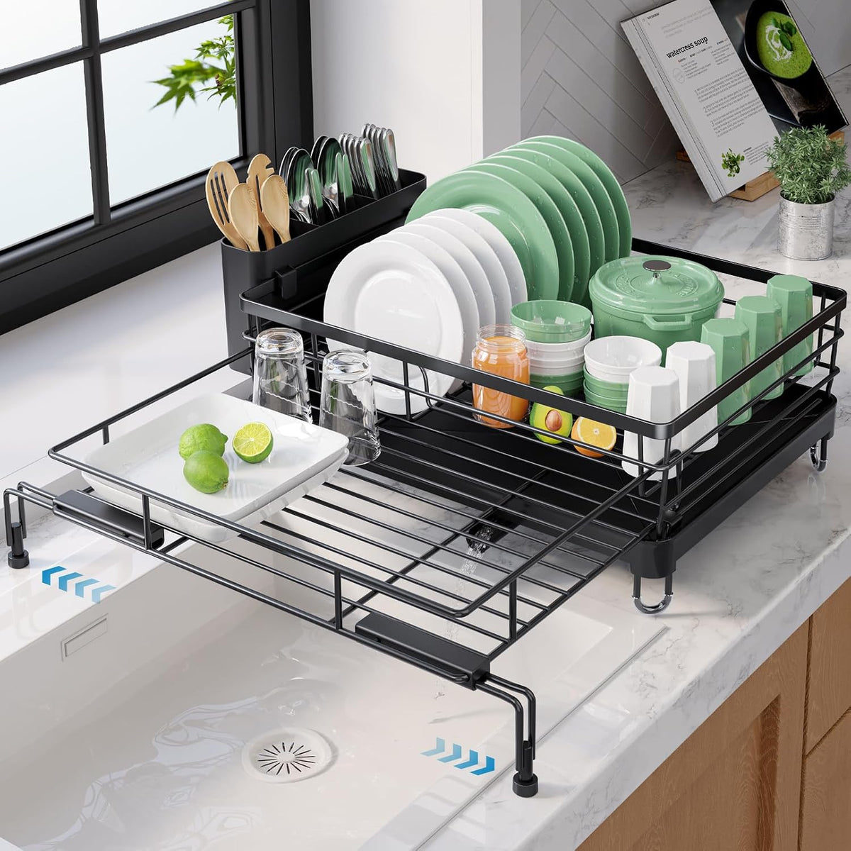 Adjustable Dish Drying Rack, 15.6''-25.2''L × 16.9''W, Black