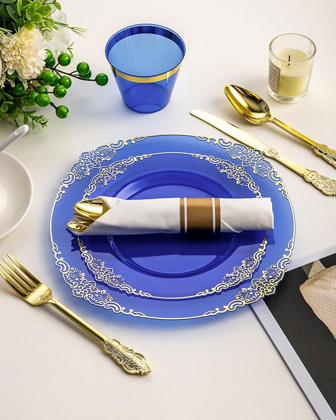 Clear Blue Plastic Plates Set, 350 Pieces for 50 Guests