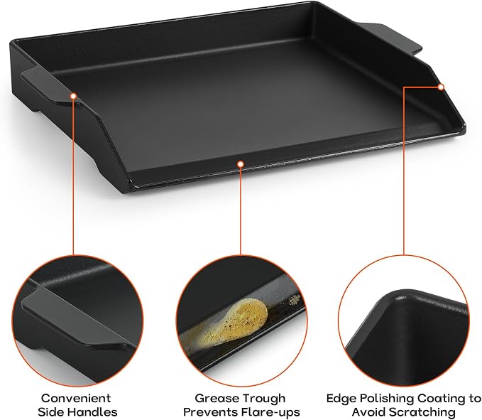 Griddle Flat Top, Cast Iron with Nonstick Coating, Black