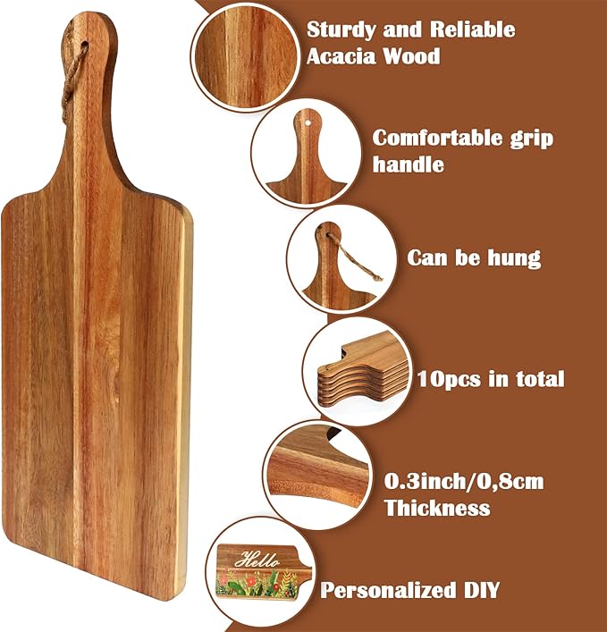 Cutting Boards Set of 10 Acacia Wood with Hanging Ropes, 15 x 7 Inch