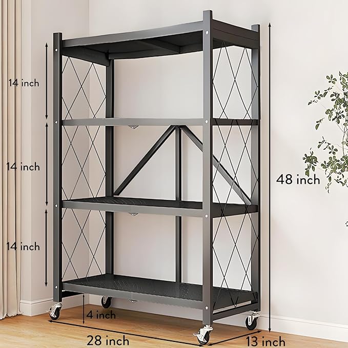 Standing Shelf Unit 4-Tier Metal Rack with Locking Casters, 50 lb per Shelf