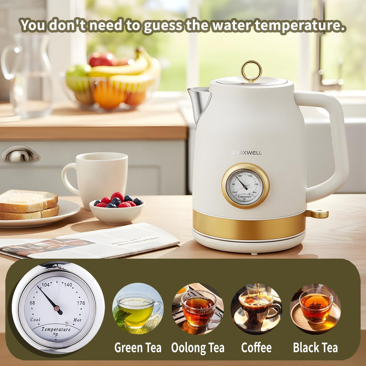Retro Electric Tea Kettle, 1.7L, Matte White and Gold – detail